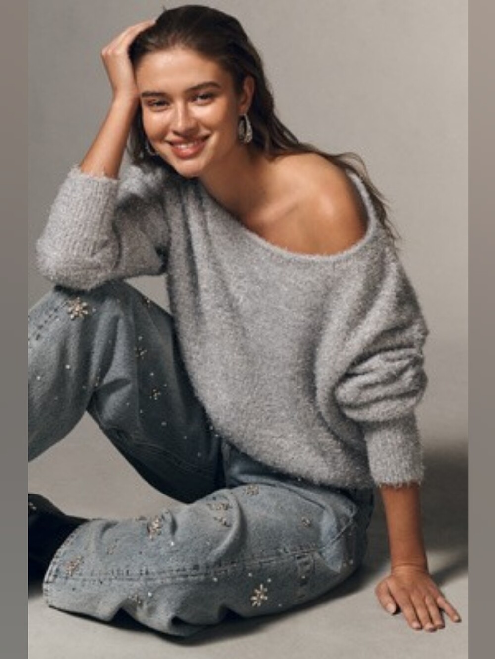 Anthropologie Long-Sleeve Boatneck Off The Shoulder Silver ITinsel Sweater